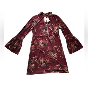 Suzanne Betro Burgundy Floral Bell Sleeve Dress | Medium NWT
